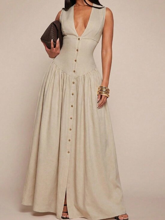 MODA ME COUTURE Dresses & Skirts - Khaki Elegant Women's V-Neck Sleeveless Waist-Cinched Button-Front Shirt dress